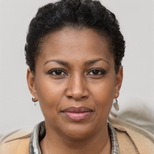 Joyful black young-adult female with short  brown hair and brown eyes