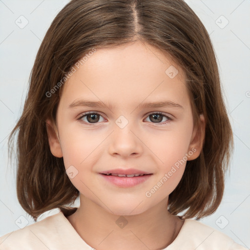 Joyful white child female with medium  brown hair and brown eyes