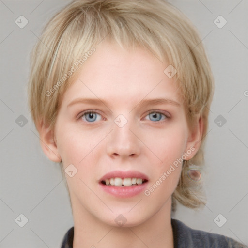 Joyful white young-adult female with medium  brown hair and blue eyes