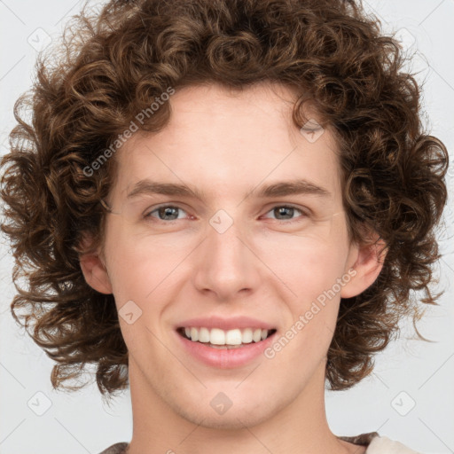 Joyful white young-adult female with medium  brown hair and green eyes