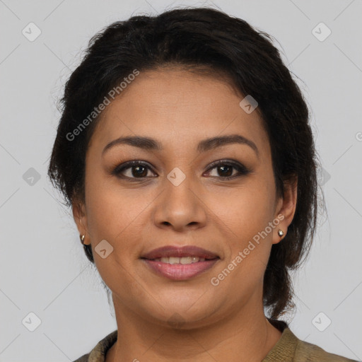 Joyful latino young-adult female with medium  brown hair and brown eyes