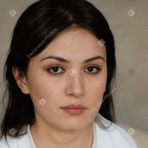 Neutral white young-adult female with medium  brown hair and brown eyes