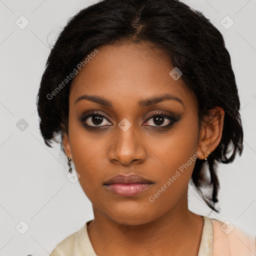 Neutral black young-adult female with medium  brown hair and brown eyes