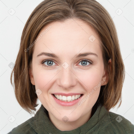 Joyful white young-adult female with medium  brown hair and green eyes