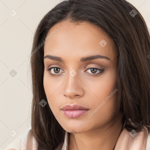 Neutral white young-adult female with long  brown hair and brown eyes