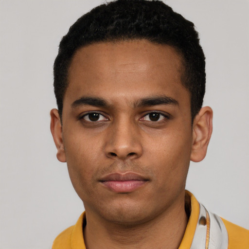 Neutral latino young-adult male with short  black hair and brown eyes