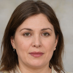 Joyful white adult female with medium  brown hair and brown eyes