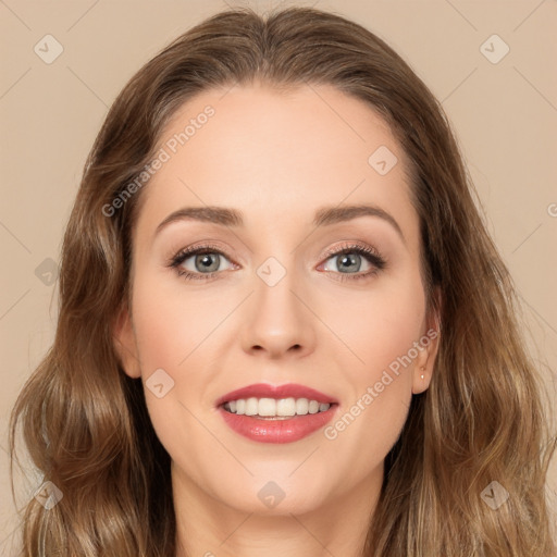 Joyful white young-adult female with long  brown hair and green eyes