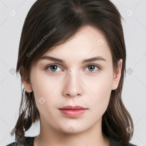 Neutral white young-adult female with medium  brown hair and brown eyes