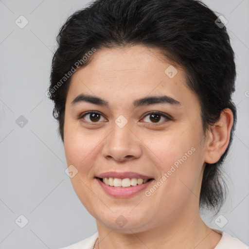 Joyful white young-adult female with medium  brown hair and brown eyes