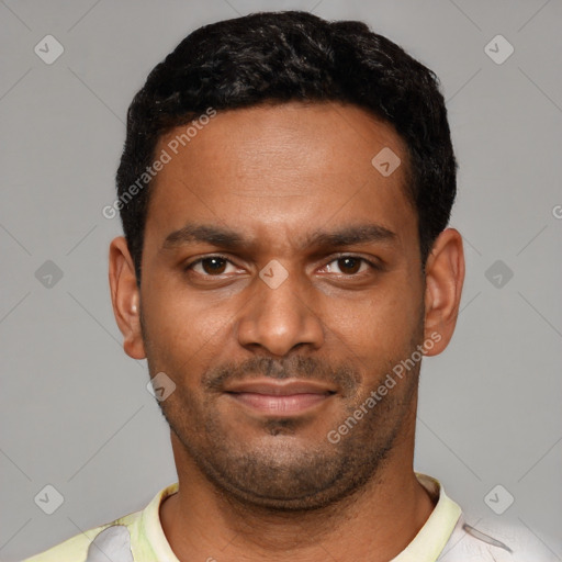 Neutral black young-adult male with short  black hair and brown eyes