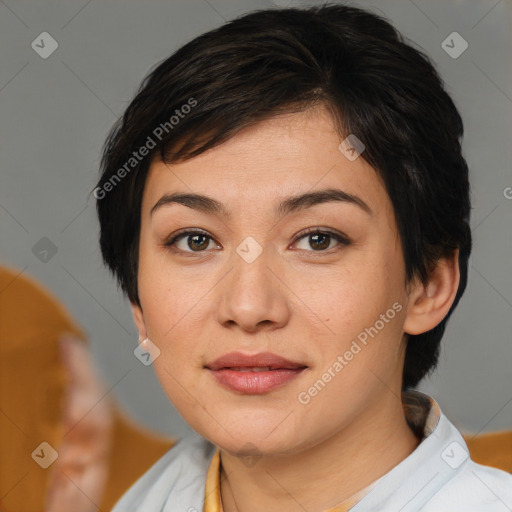 Joyful white young-adult female with medium  brown hair and brown eyes