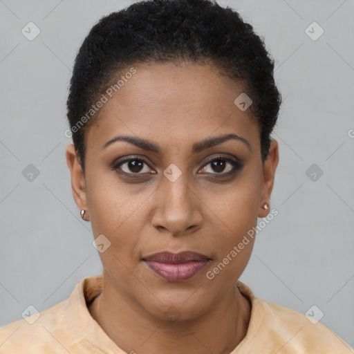 Joyful black young-adult female with short  brown hair and brown eyes