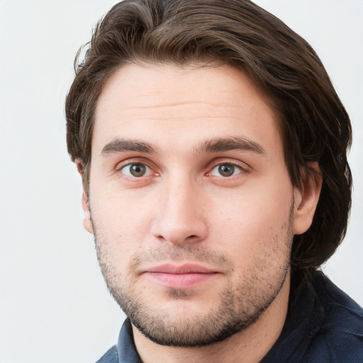 Neutral white young-adult male with short  brown hair and grey eyes