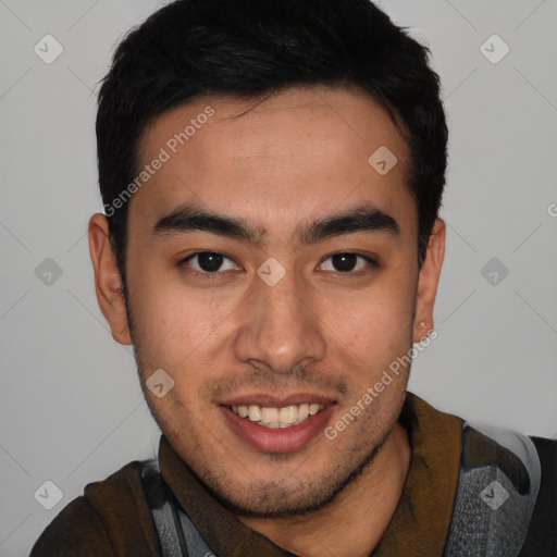 Joyful latino young-adult male with short  black hair and brown eyes