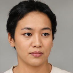 Neutral asian young-adult female with short  black hair and brown eyes