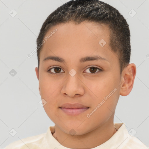 Joyful white child female with short  brown hair and brown eyes