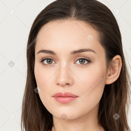 Neutral white young-adult female with long  brown hair and brown eyes