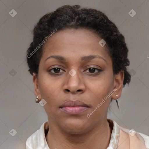 Neutral black young-adult female with short  brown hair and brown eyes