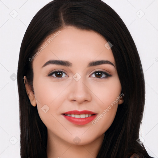 Joyful white young-adult female with long  black hair and brown eyes