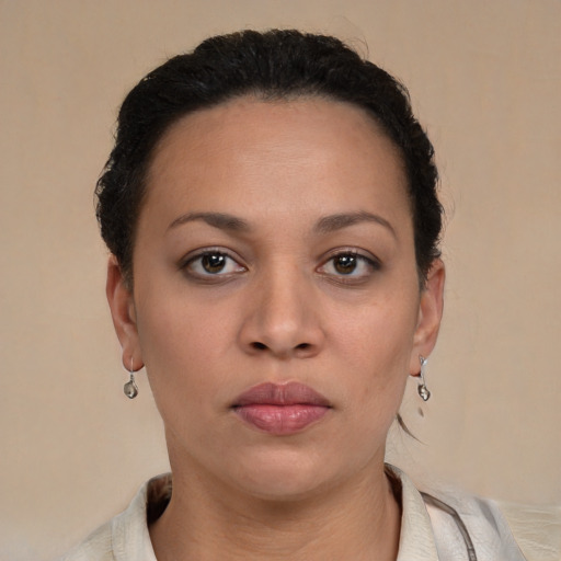 Neutral latino young-adult female with short  brown hair and brown eyes