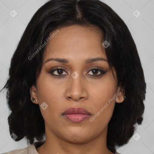 Joyful asian young-adult female with medium  brown hair and brown eyes
