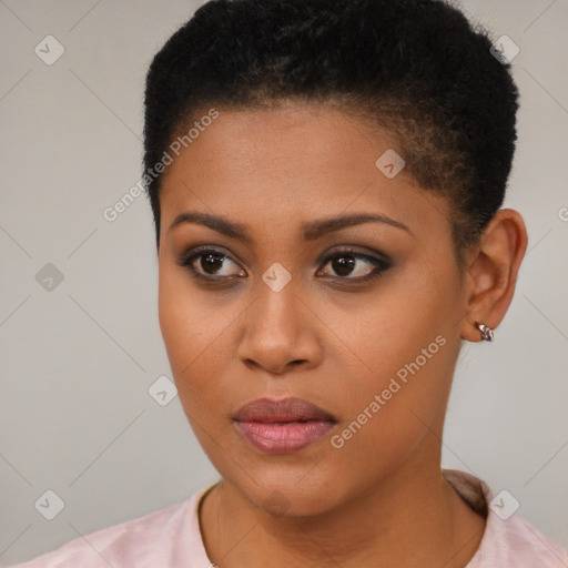 Neutral black young-adult female with short  brown hair and brown eyes