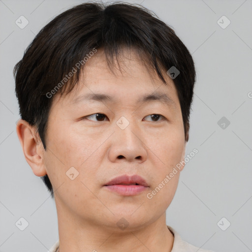 Neutral asian adult male with short  brown hair and brown eyes