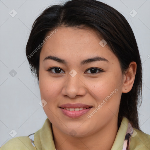 Joyful asian young-adult female with medium  brown hair and brown eyes