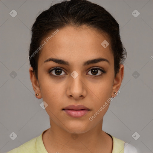 Neutral white young-adult female with short  brown hair and brown eyes