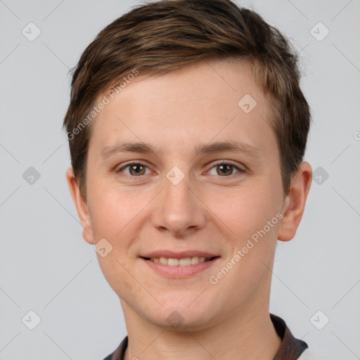 Joyful white young-adult female with short  brown hair and grey eyes