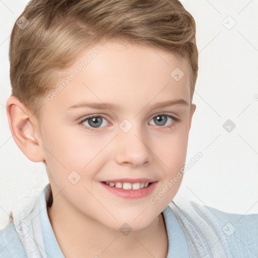 Joyful white child female with short  brown hair and brown eyes