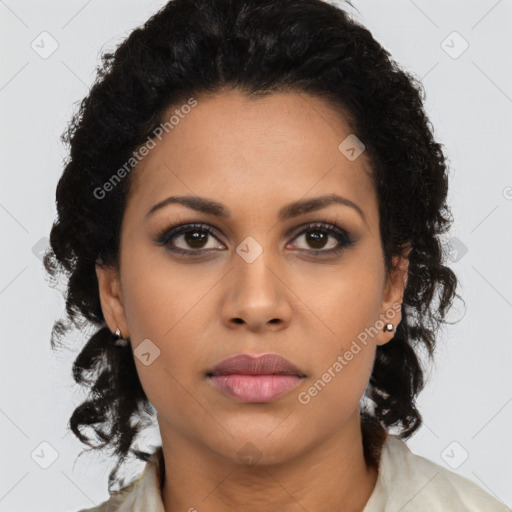 Joyful latino young-adult female with long  brown hair and brown eyes