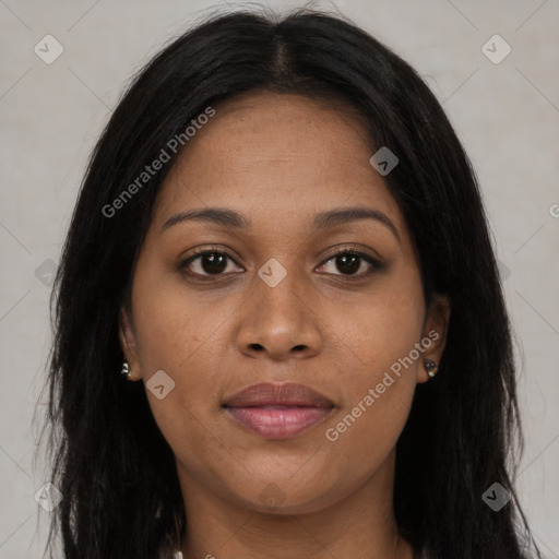 Joyful asian young-adult female with long  brown hair and brown eyes