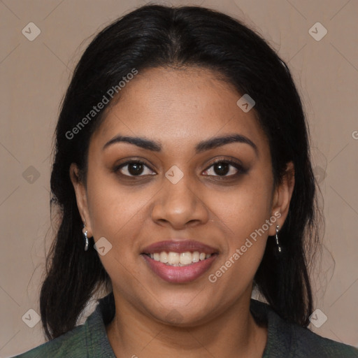 Joyful latino young-adult female with medium  brown hair and brown eyes