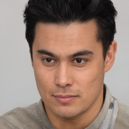 Neutral asian young-adult male with short  black hair and brown eyes