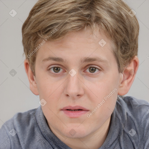 Joyful white young-adult male with short  brown hair and blue eyes