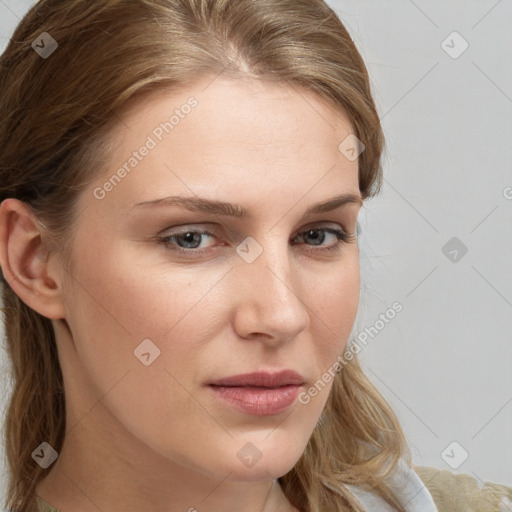 Neutral white young-adult female with medium  brown hair and grey eyes