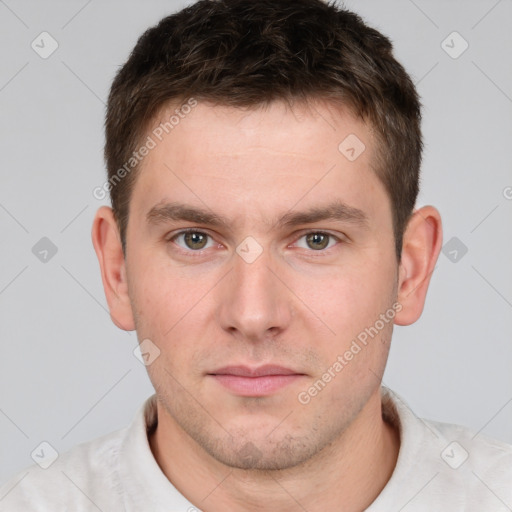 Neutral white young-adult male with short  brown hair and brown eyes