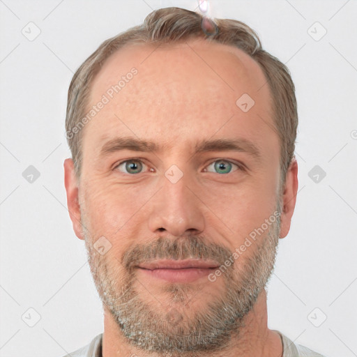 Neutral white adult male with short  brown hair and grey eyes