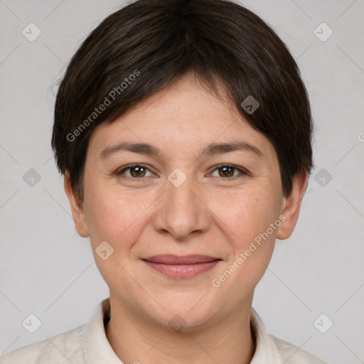 Joyful white young-adult female with short  brown hair and brown eyes