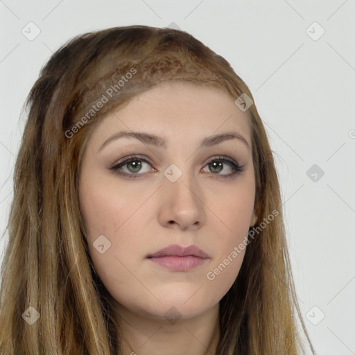 Neutral white young-adult female with long  brown hair and brown eyes