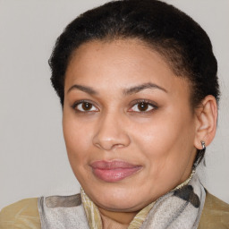 Joyful white adult female with short  brown hair and brown eyes