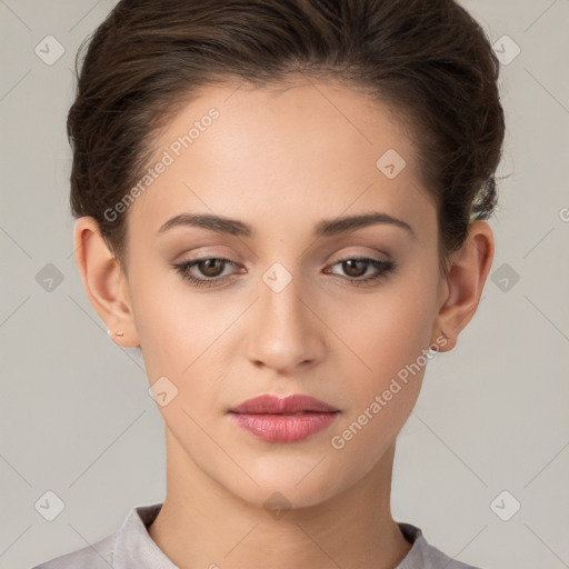 Neutral white young-adult female with short  brown hair and brown eyes