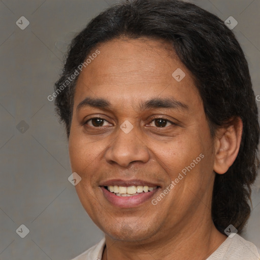 Joyful white adult female with short  brown hair and brown eyes