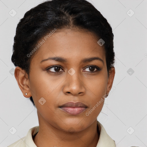 Neutral black young-adult female with short  black hair and brown eyes