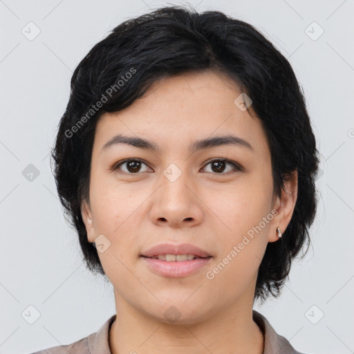 Joyful asian young-adult female with medium  black hair and brown eyes