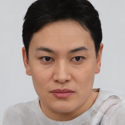 Joyful asian young-adult female with short  brown hair and brown eyes