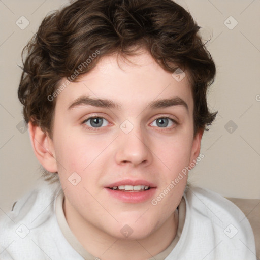 Joyful white young-adult male with medium  brown hair and brown eyes