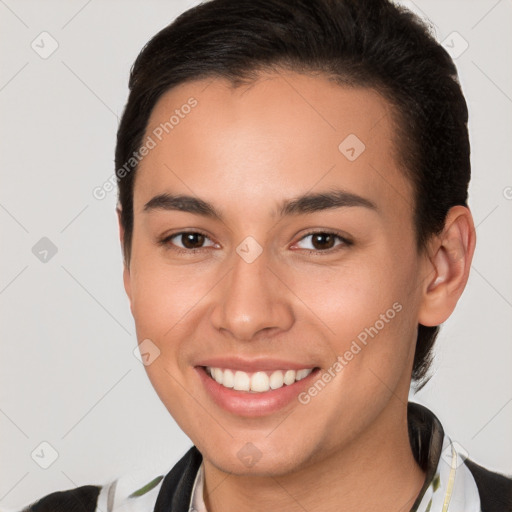 Joyful white young-adult female with short  brown hair and brown eyes